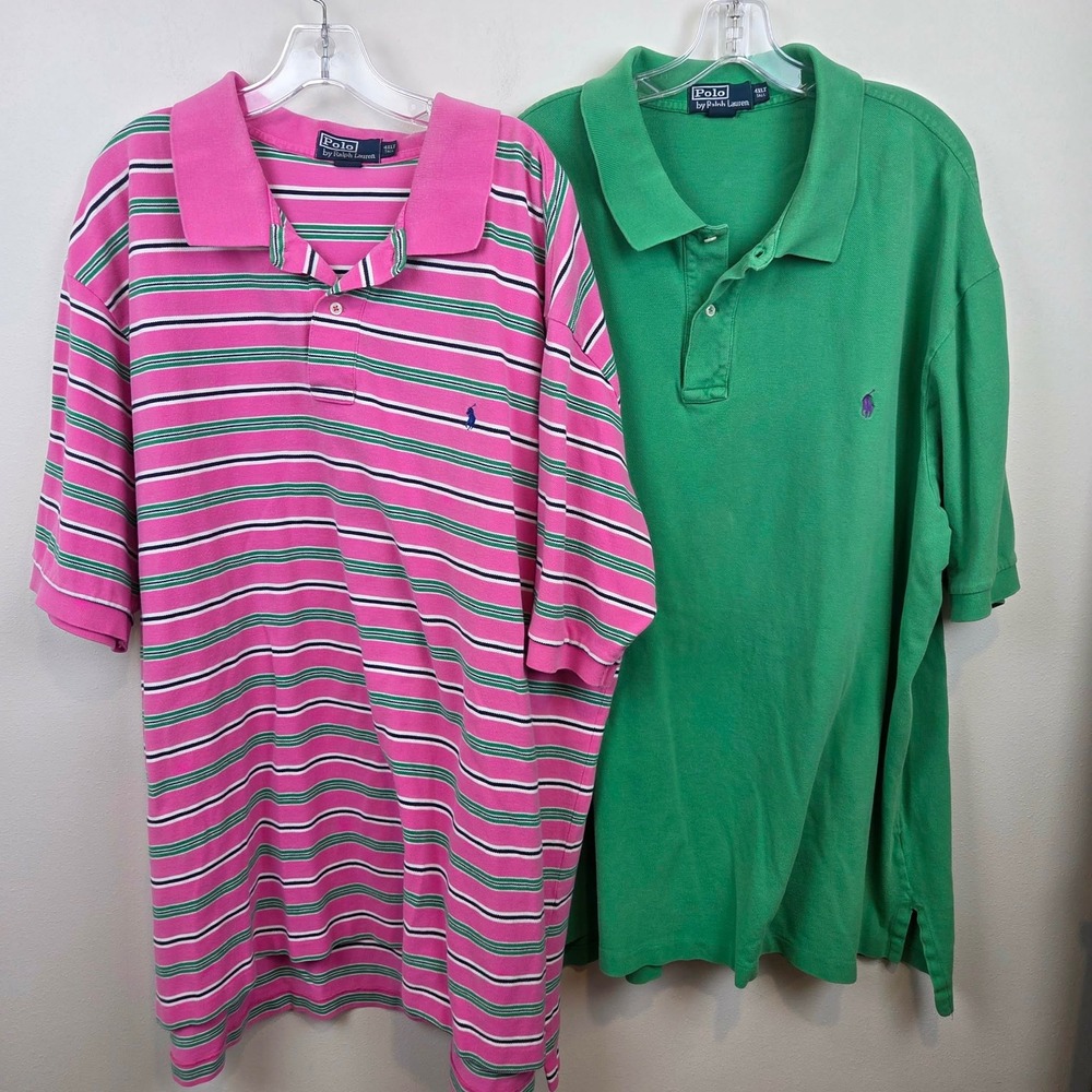 Polo Ralph Lauren Men 4XLT Tall Polo Shirt Lot 2 Pink Striped Green Pony Cotton